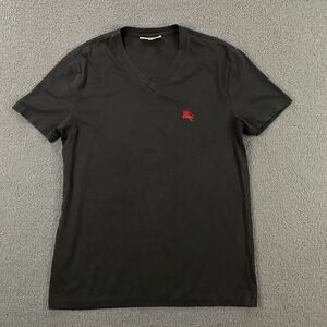 Burberry England T-Shirt Mens Medium Embroidered Logo V-Neck Black Cotton
